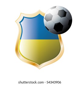 Vector illustration - abstract soccer theme - shiny metal shield isolated on white background with flag of Ukraine