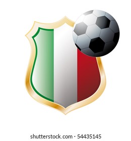 Vector illustration - abstract soccer theme - shiny metal shield isolated on white background with flag of Italy