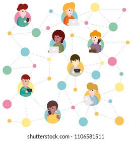 Vector illustration of an abstract social network scheme, which contains people icons connected to each other.
