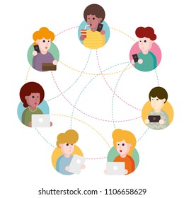 Vector illustration of an abstract social network scheme, which contains people icons connected to each other.