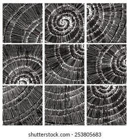 Vector illustration of abstract spiral distorted grunge background. Hand drawn image. Six different spiral images, mosaic.