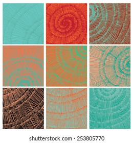 Vector illustration of abstract spiral distorted grunge background. Hand drawn image. Six different spiral images, mosaic, colorful.
