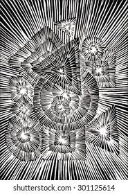Vector illustration of abstract spiral distorted grunge background. Black & white.  Hand drawn image. Triangle, circle, square.