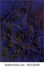 Vector illustration of abstract spiral distorted grunge background. Blue & black. Hand drawn image. Triangle, circle, square.