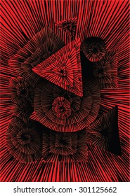 Vector illustration of abstract spiral distorted grunge background. Red & black. Hand drawn image. Triangle, circle, square.