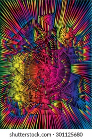 Vector illustration of abstract spiral distorted grunge background. Rainbow, spectrum. Hand drawn image. Triangle, circle, square.