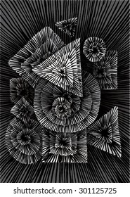 Vector illustration of abstract spiral distorted grunge background. Black & white.  Hand drawn image. Triangle, circle, square.
