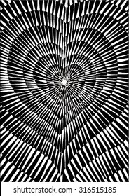 Vector illustration of abstract spiral distorted grunge heart background. Hand drawn image. Pulse, heartbeat, love, passion, life. Black & White.