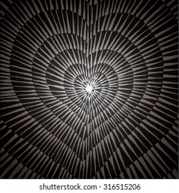 Vector illustration of abstract spiral distorted grunge heart background. Hand drawn image. Pulse, heartbeat, love, passion, life. Black & White.