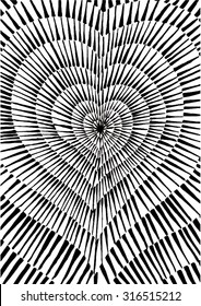 Vector illustration of abstract spiral distorted grunge heart background. Hand drawn image. Pulse, heartbeat, love, passion, life. Black & White.