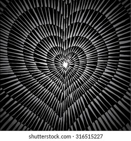 Vector illustration of abstract spiral distorted grunge heart background. Hand drawn image. Pulse, heartbeat, love, passion, life. Black & White.