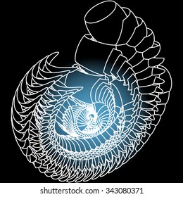 Vector illustration of an abstract spiral structure consisting of geometric objects of the same shape on a black background