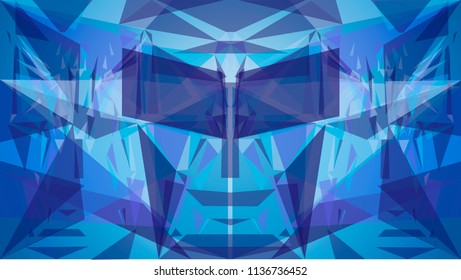 Vector illustration of an abstract sportsman extreme male ski skier with his mouth open and wearing sunglasses on a winter dynamic blue cold background of triangles. Gradient, transparency, light