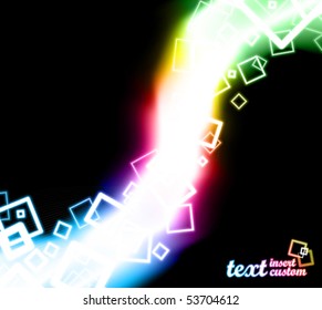 Vector illustration of abstract squares flowing through a rainbow glow.