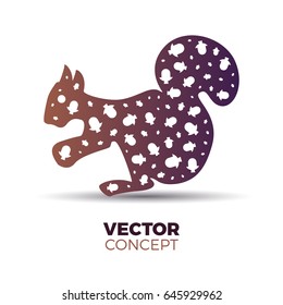 Vector illustration of abstract squirrel silhouette with curvy tail filled with acorns. Simple  shape with stylish warm gradient for your logo concepts or other projects.