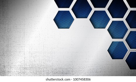 Vector illustration of abstract stainless steel metal panel with grunge overlay metallic texture and hexagonal grid pattern over blue light background for your design