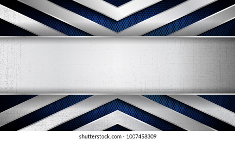 Vector illustration of abstract stainless steel metal panel with grunge overlay metallic texture and hexagonal grid pattern over blue light background for your design