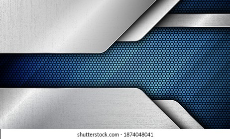 Vector illustration of abstract stainless steel geometric metal panel with grunge overlay metallic texture and hexagonal grid pattern over blue light background for your design