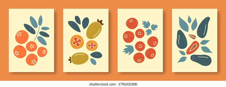 Vector illustration abstract still life in pastel colors. Collection of contemporary art. Vector set of berries mountain ash, feijoa, viburnum, dogwood for social media, posters, postcards.