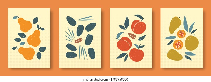 Vector illustration abstract still life of fruits in pastel colors. Collection of contemporary art. Vector set of fruits pear date fruit peach mango for social media, posters, postcards.