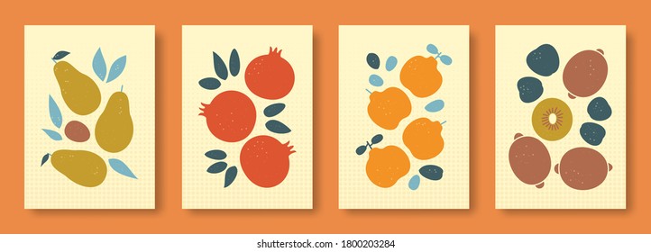 Vector illustration abstract still life of fruits in pastel colors. Collection of contemporary art. Vector set of fruits avocado, garnet, quince, kiwi for social media, posters, postcards.