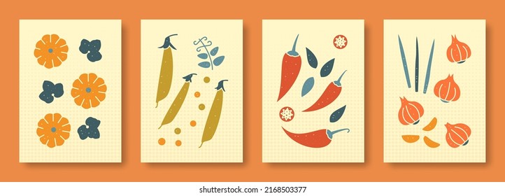 Vector illustration abstract still life of vegetables in pastel colors. Collection of contemporary art. Vector set vegetables squash, chilli, garlic, peas for social media, posters, postcards.