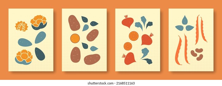 Vector illustration abstract still life of vegetables in pastel colors. Collection of contemporary art. Vector set vegetables cauliflower, potato, beetroot, beans for social media, posters, postcard.