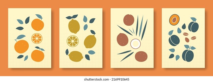 Vector illustration abstract still life of fruits in pastel colors. Collection of contemporary art. Vector set of fruits orange coconut plum lemon for social media, posters, postcards.