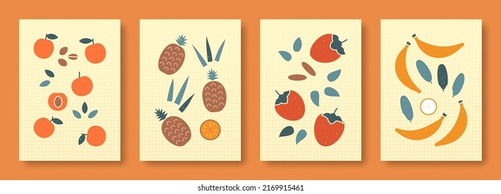 Vector illustration abstract still life of fruits in pastel colors. Collection of contemporary art. Vector set of fruits cherry-plum ananas persimmon banana for social media, posters, postcards.