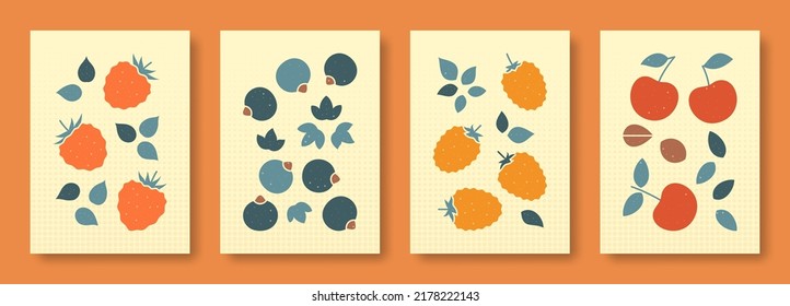 Vector illustration abstract still life of berries in pastel colors. Collection of contemporary art. Vector set of berries raspberry, currant, blackberry, cherries for social media, postcards.