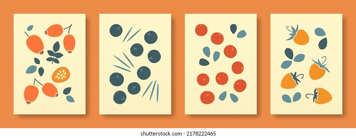 Vector illustration abstract still life of berries in pastel colors. Collection of contemporary art. Vector set of berries briar, juniper, cranberry, wild strawberry for social media, posters. svg