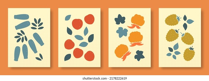 Vector illustration abstract still life of berries in pastel colors. Collection of contemporary art. Vector set of berries honeysuckle, bird cherry, cloudberry, blackberry for social media, posters.