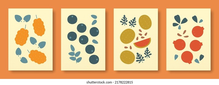 Vector illustration abstract still life of berries in pastel colors. Collection of contemporary art. Vector set of berries mulberry, whortleberry, watermelon, cowberry for social media, postcards.