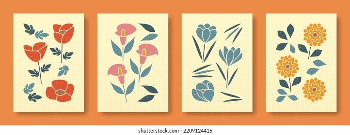 Vector illustration abstract still life of flowers in pastel colors. Collection of contemporary art. Vector set of flowers poppy calla lily crocus dahlia for social media, posters, postcards.