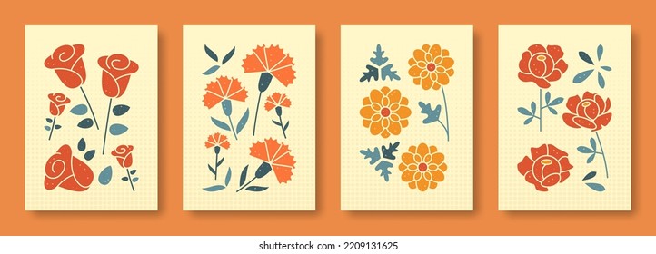 Vector illustration abstract still life of flowers in pastel colors. Collection of contemporary art. Vector set of flowers rose carnation chrysanthemum peony for social media, posters, postcards.