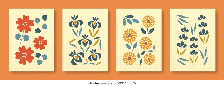 Vector illustration abstract still life of flowers in pastel colors. Collection of contemporary art. Vector set of flowers geranium iris gerbera lavender for social media, posters, postcards.
