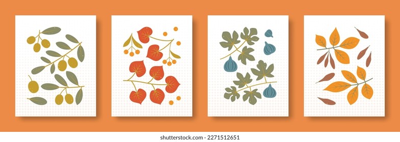 Ilustración vectorial abstracta la vida de las ramas de los árboles y sus frutos en colores pastel. Conjunto vectorial de ramas de árbol higos de oliva de linden de ceniza para medios sociales, afiches, postales.