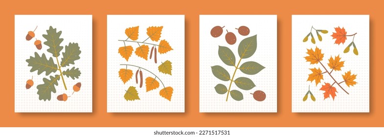 Vector illustration abstract still life of tree branches and their fruits in pastel colors. Vector set of tree branches oak birch walnut maple fruit for social media, posters, postcards.