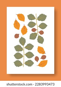 Vector illustration abstract still life of beech branch and beech fruit in pastel colors. Collection of contemporary art. Vector picture of beech branch for social media, posters, postcards.