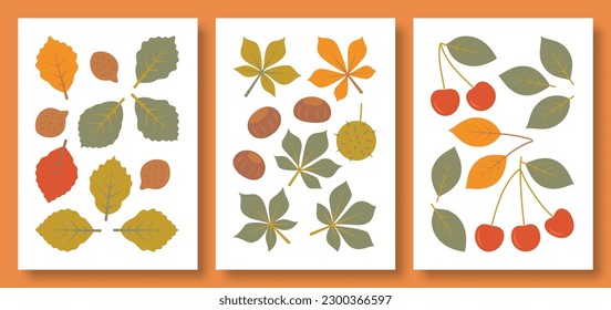 Vector illustration abstract still life of plant leaves and their fruits in pastel colors. Vector set of beech, chestnut, cherry for social media, posters, postcards, web design and more.