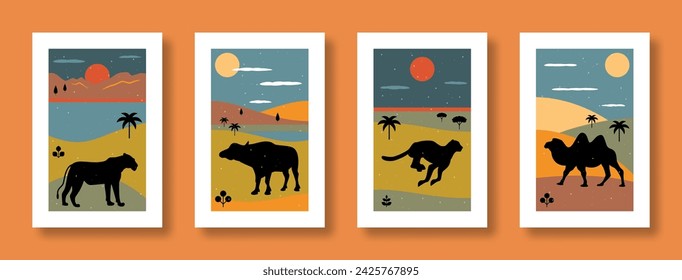Ilustración vectorial bodegón abstracto con animales. Colección de carteles abstractos con animales leona, búfalo, guepardo, camello para redes sociales, carteles, postales.