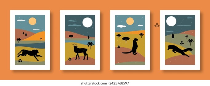Vector illustration abstract still life with animals. Contemporary art. Collection of abstract posters with animals cheetah, gazelle, mongoose, fox for social media, posters, postcards.