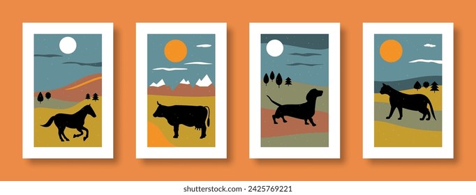 Vector illustration abstract still life with animals. Contemporary art. Collection of abstract posters with animals horse, cow, dog, cat for social media, posters, postcards.