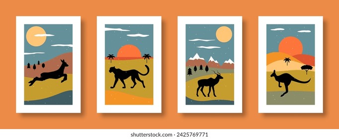 Vektor-Illustration abstraktes Stillleben mit Tieren. Zeitgenössische Kunst. Sammlung von abstrakten Plakaten mit Tieren Damwild, Gepard, Gazelle, Känguru für soziale Medien, Plakate, Postkarten.