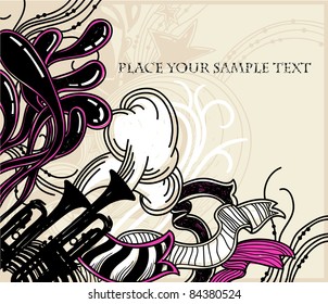 vector illustration of abstract streaky flags,  black trumpets and fantasy plants and waves