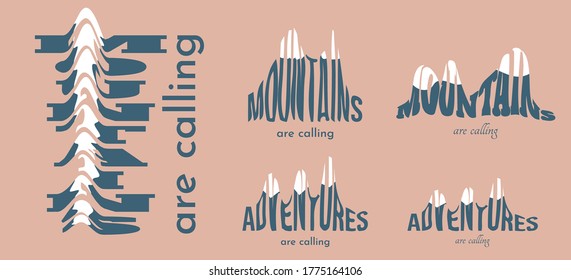 Vector illustration. Abstract stretched letters emblem. Hiking and travel concept. Nature exploration. Mountains shape.