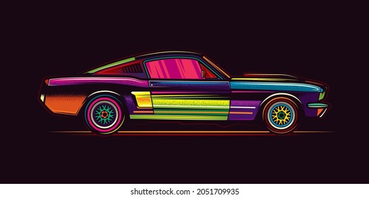 Vector illustration in an abstract style. A colorful old retro car. T-shirt or print design