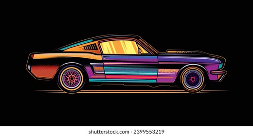 Vector illustration in an abstract style. A colorful old retro car. T-shirt or print design. Hand drawn, not AI