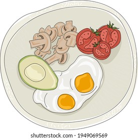 Vektorgrafik im abstrakten Stil des gesunden Frühstücks, Avocado, Tomaten, Eier, Pilze. Abstrakte Grafiken für Lebensmittel