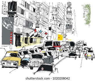 Vector illustration in abstract style, showing busy traffic along a Manhattan street in downtown New York, with lights and trees. 